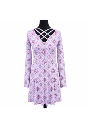 Mudd Y2K Crisscross Neck Skater Dress Floral Geometric Long Sleeve Stretch S
